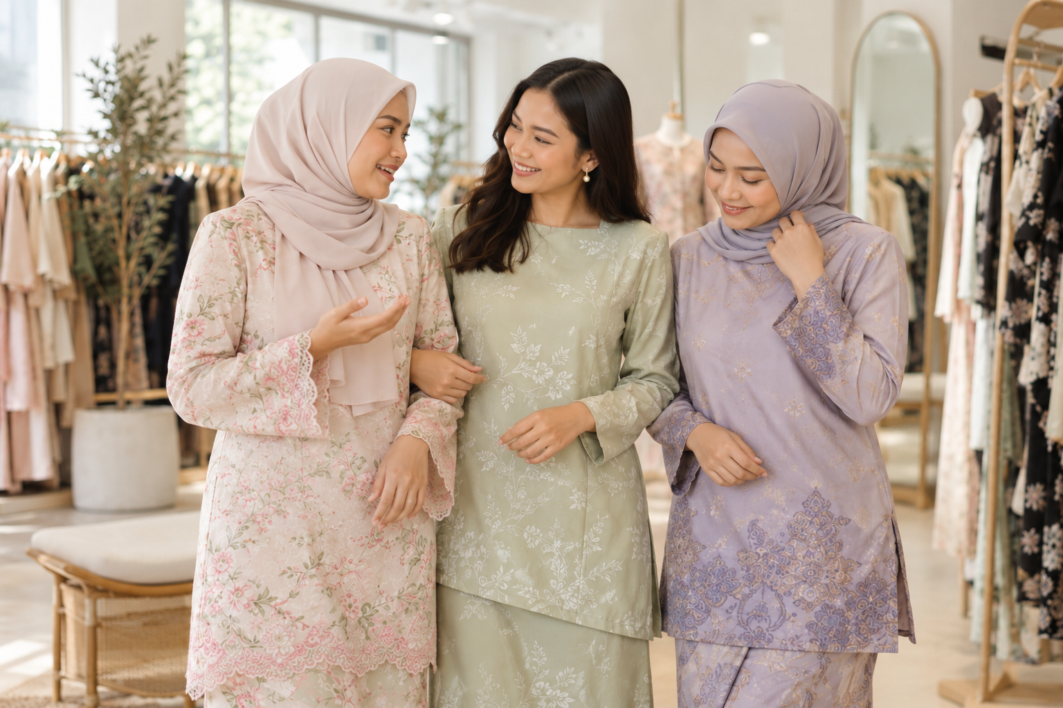 Three women wearing traditional Malaysian clothing in a boutique